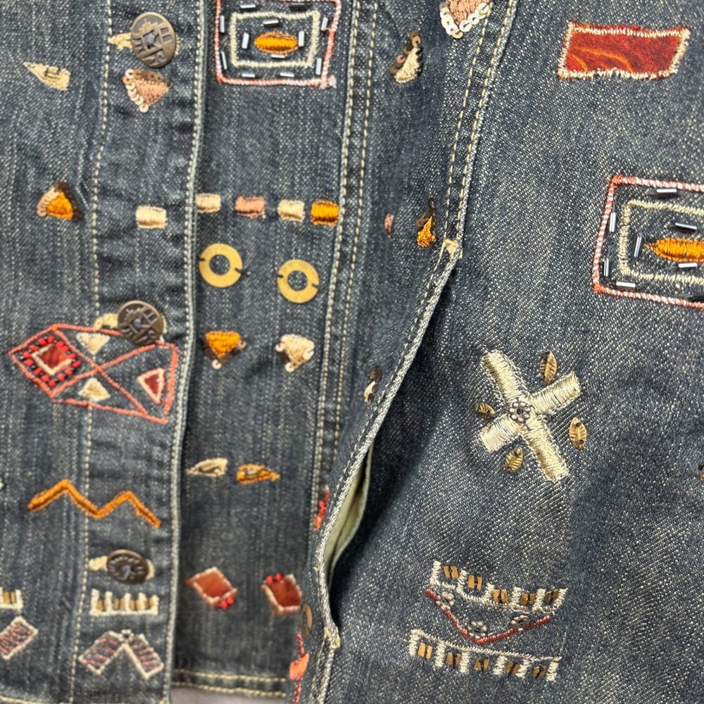Chico's Denim Vest Womens 2 Large Embroidered Beaded Button Front Western - Picture 8 of 12